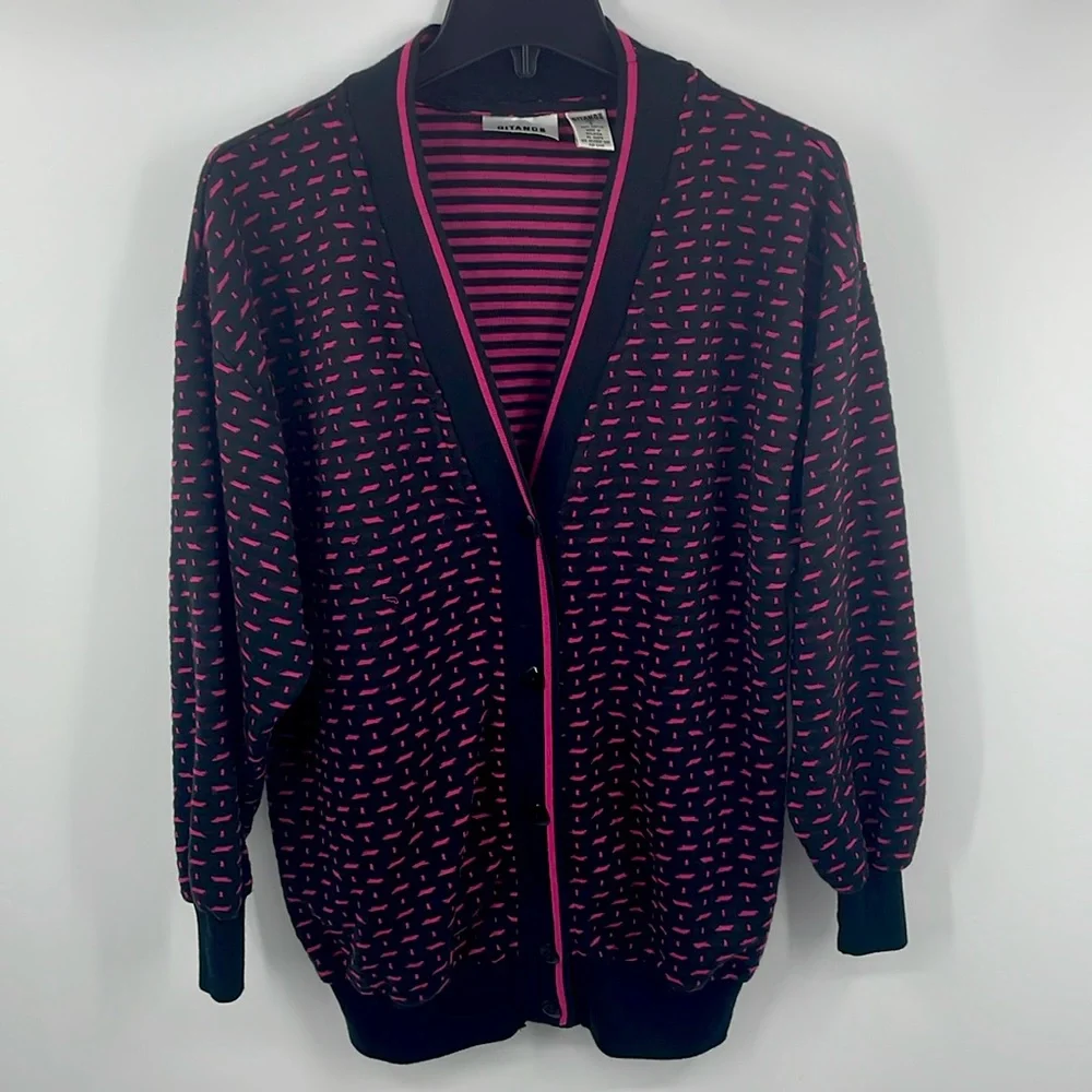 Vintage Gitano Black & Hot Pink dot dash Geometric Knit Cardigan Size Small